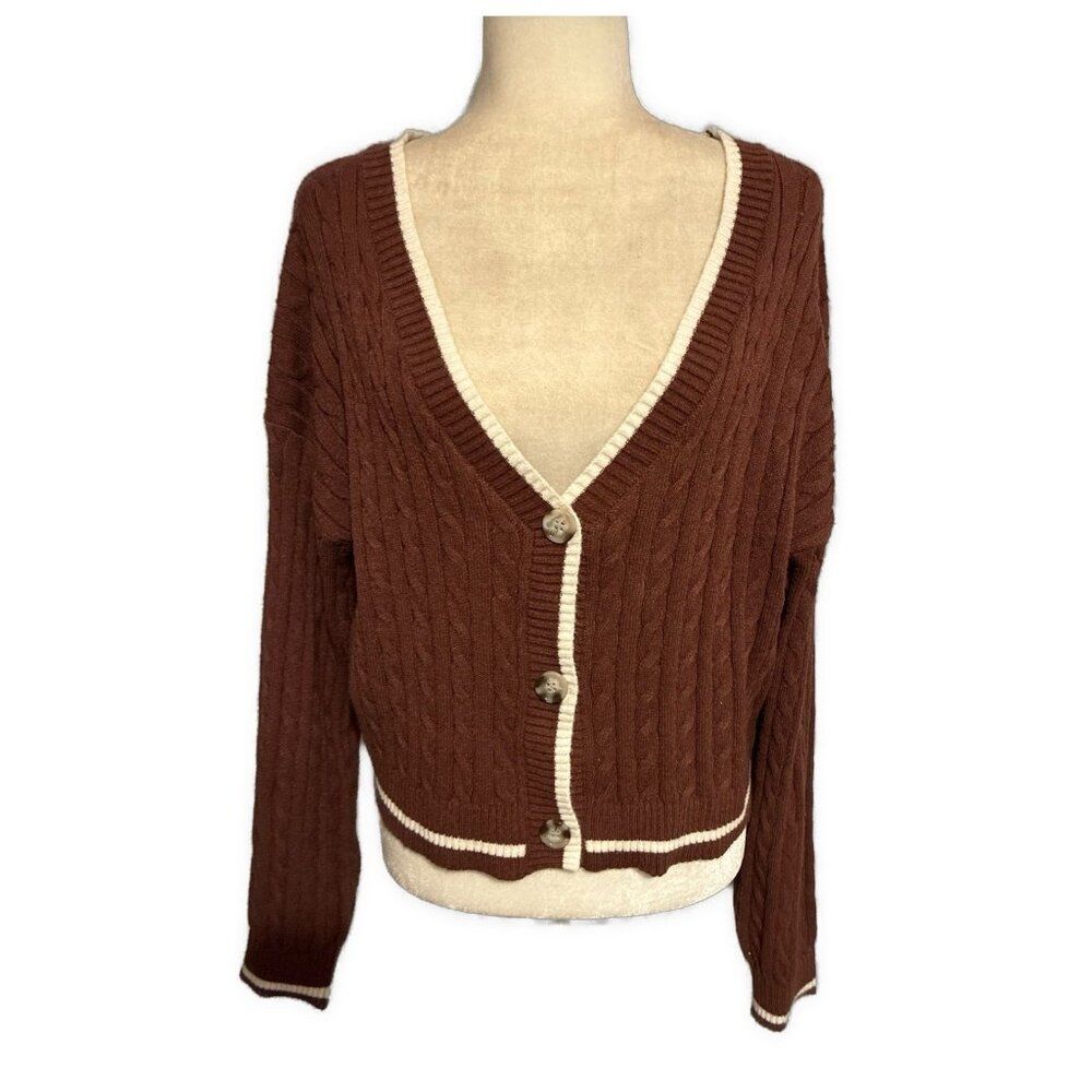 2bella Chocolate brown V Neck Long Sleeve knit cardigan Sweater Medium